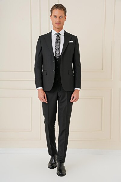 Efor Slim Fit Sivri Yaka Çizgi Dokulu Siyah Yelekli Takım Elbise TK 904