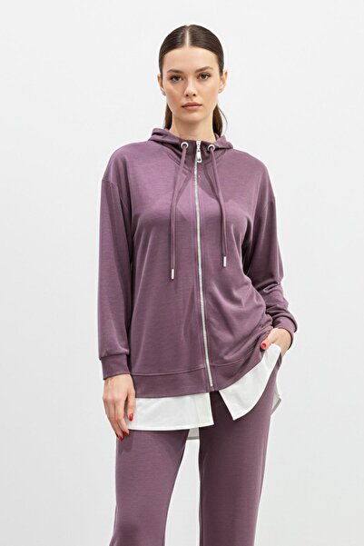 Puane Women's Hooded Zippered Tunic Trousers Set-14427 - Damson