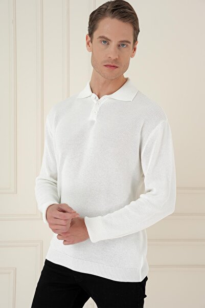 Efor Fitilli Dokuma Düğmeli Polo Yaka Ekru Triko Kazak TR 887
