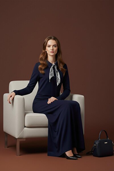 Puane فستان طويل بياقة بولو وتفاصيل وشاح للنساء – 12666ELB - كحلي