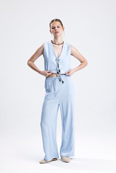 VAPUR TEKSTİL مجموعة مزدوجة من الكتان مع سترة مزينة بالخرز - أزرق