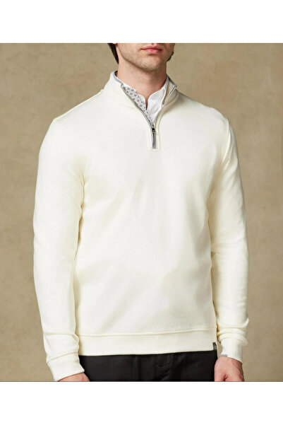 Abbate Fiero Örme Kumaş Viskon Karışımlı Modern Fit Ekru Dik Yaka Erkek Düz Sweatshirt