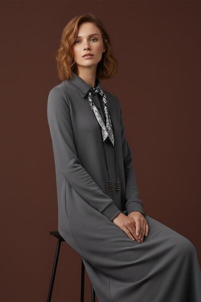 Puane Women's Scarf Detailed Polo Neck Relaxed Fit Long Dress – 12666Elb - Gray