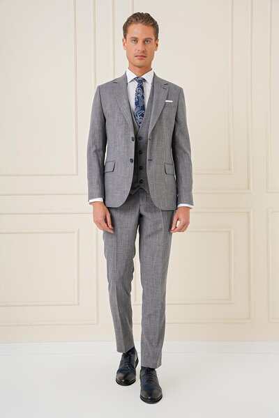 Efor Slim Fit Çift Yırtmaç Kırçıllı Dokuma Lacivert Yelekli Takım Elbise TK 902