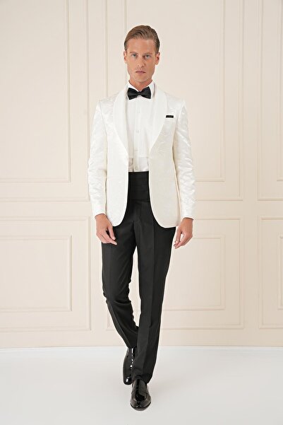 Efor Black 036 Slim Fit Saten Yaka Çift Yırtmaçlı Tek Düğmeli Krem Damatlık S...