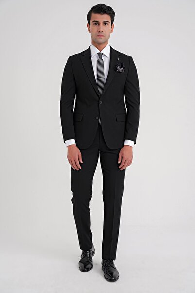 Efor Slim Fit Çift Yırtmaç Esnek Düz Siyah Takım Elbise Tk 917