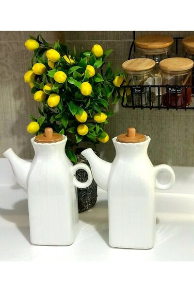 Kitchen Pembelia 2 Adet Bambu Kapaklı Kare Porselen Yağdanlık Yağlık