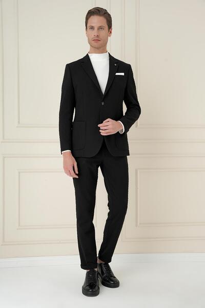 Efor Slim Fit Pocket Pocket Stretch Cotton Seersucker Fabric Black Jacket C 695