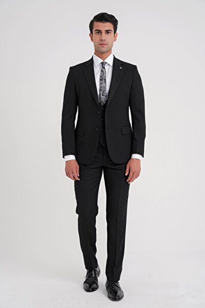 Efor Slim Fit Çift Yırtmaç Doku Desenli Esnek Siyah Yelekli Takım Elbise TK 924