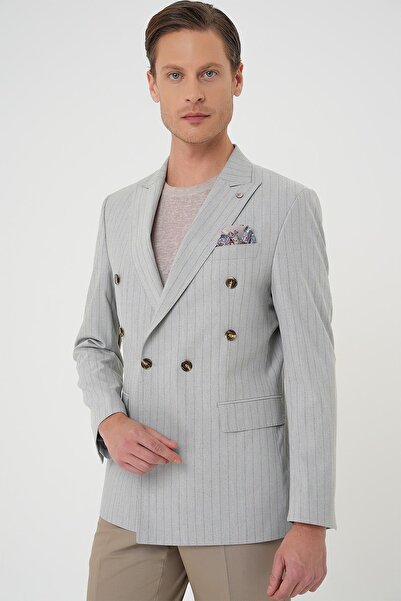 Efor Slim Fit Çift Yırtmaç Çizgili Kruvaze Casual Gri Ceket C 704