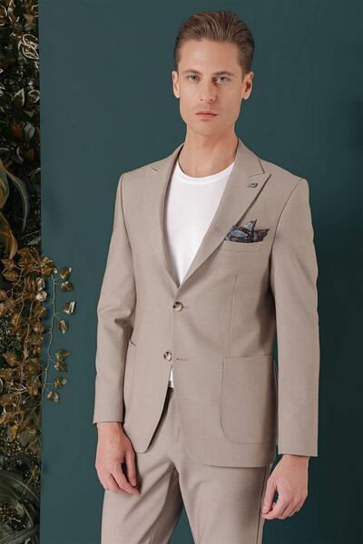 Efor Slim Fit Sivri Yaka Esnek Pamuklu Dokulu Bej Blazer Ceket C 659