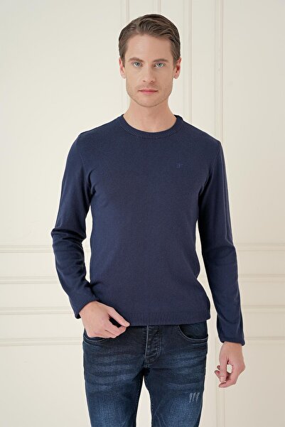 Efor Men's Slim Fit Ribbed Navy Blue Wool Crew Neck Knitwear Sweater Tr 875