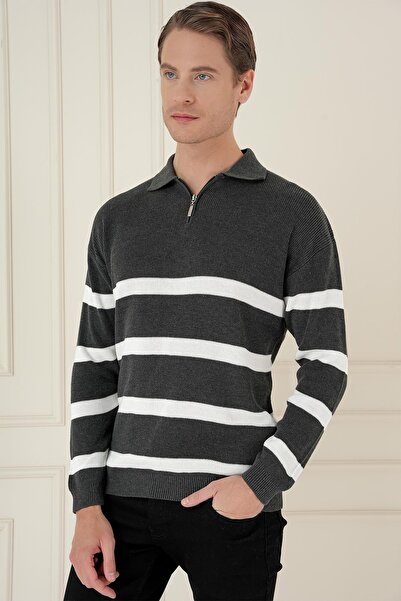 Efor Slim Fit Çizgili Fermuarlı Polo Yaka Antrasit Triko Kazak TR 877