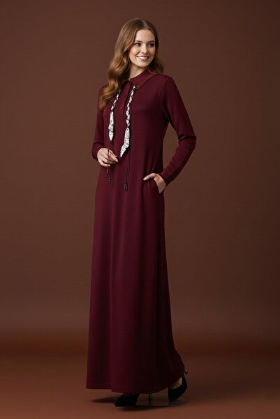 Puane Γυναικείο μακρύ φόρεμα με λεπτομέρεια με φουλάρι και λαιμόκοψη πόλο – 1...