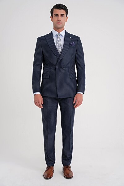 Efor Comfort Fit Çift Yırtmaç İtalyan Çizgili Lacivert Kruvaze Takım Elbise T...