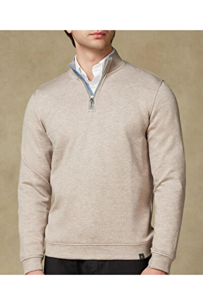 Abbate Fiero Örme Kumaş Viskon Karışımlı Modern Fit Bej Dik Yaka Erkek Düz Sweatshirt