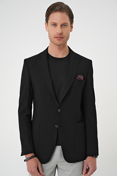 Efor Slim Fit Mono Collar Pocket Double Slit Black Jacket C 711