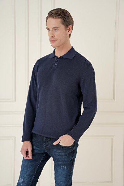 Efor Fitilli Dokuma Düğmeli Polo Yaka Lacivert Triko Kazak TR 887