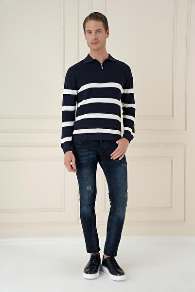 Efor Slim Fit Çizgili Fermuarlı Polo Yaka Lacivert Triko Kazak TR 877