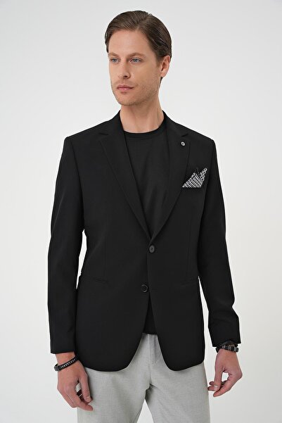 Efor Slim Fit Mono Yaka Fleto Cepli Çift Yırtmaçlı Casual Siyah Ceket C 710