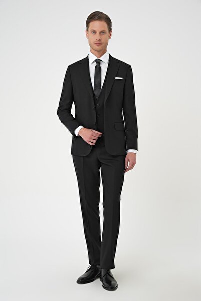 Efor Slim Fit Dokulu Çift Yırtmaç Yelekli Klasik Siyah Takım Elbise Tk 898