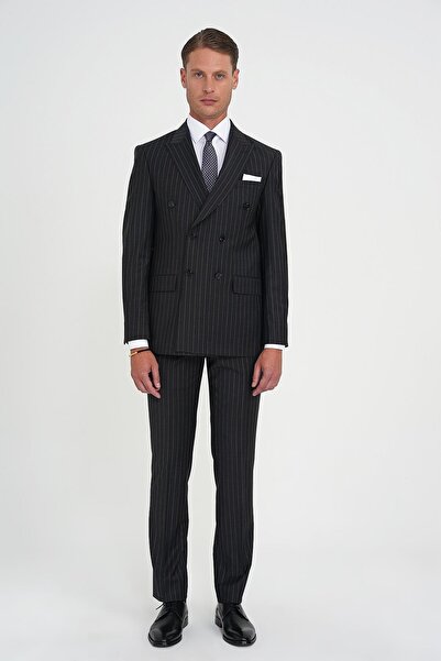 Efor Slim Fit Çift Yırtmaç Çizgili Kruvaze Klasik Antrasit Takım Elbise Tk 925