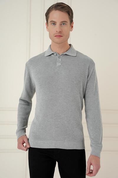 Efor Fitilli Dokuma Düğmeli Polo Yaka Gri Triko Kazak TR 887
