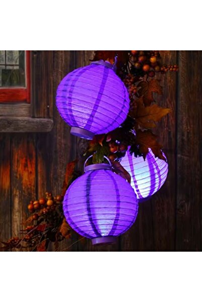 partidolu Halloween 20 cm Beyaz Led Işıklı Mor Renk Kağıt Japon Feneri 3 Adet