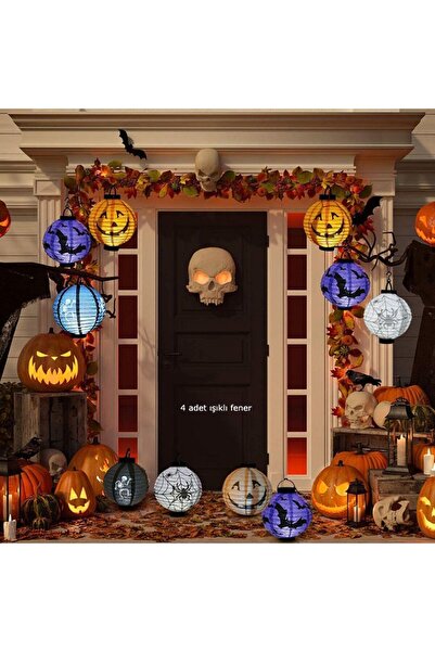 partidolu Halloween Konsept 20x20 cm Beyaz Led Işıklı Kağıt Japon Feneri 4 Adet