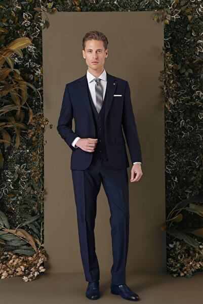 Efor Slim Fit %94 Yün Esnek Pötikare Desenli Lacivert Yelekli Takım Elbise TK...