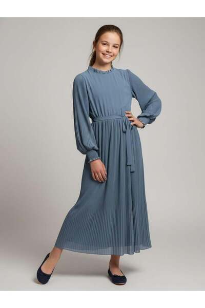 Ebrar Piliseli Elbise Mavi - Tesettür Elbise