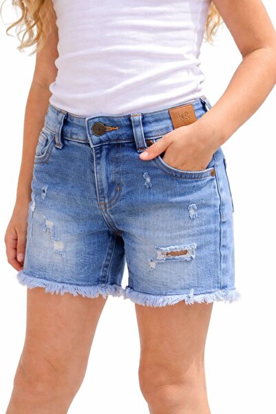 fancykidsantalya Kız Çocuk Denim Yırtık Kot Şort Lacivert