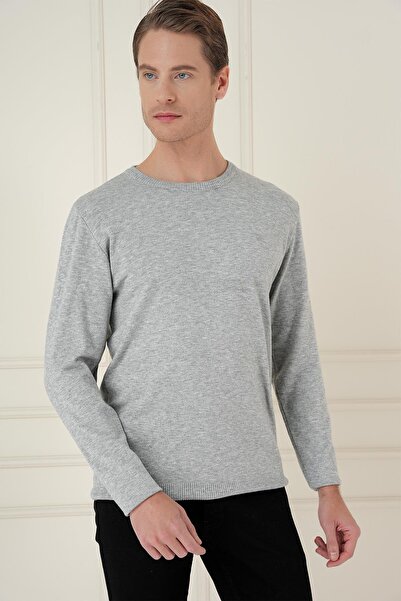 Efor Men's Slim Fit Ribbed Gray Wool Crew Neck Knitwear Sweater Tr 875