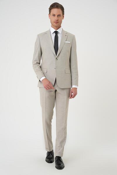 Efor Slim Fit Çift Yırtmaç Dokulu Esnek Klasik Bej Takım Elbise Tk 915
