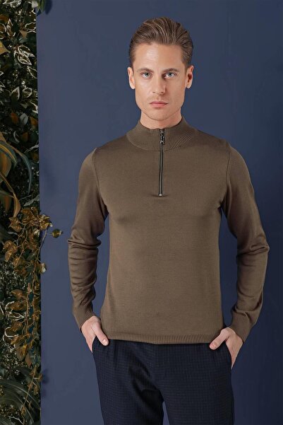 Efor Slim Fit Ribanalı Fermuarlı Yarım Balıkçı Yünlü Tütün Triko Kazak TR 861