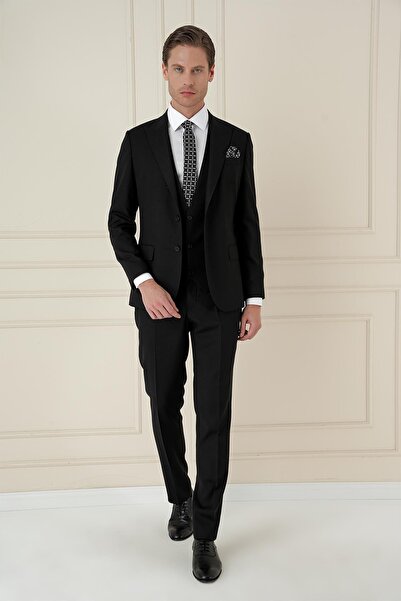 Efor Slim Fit Kırlangıç Yaka Dokulu Siyah Yelekli Takım Elbise TK 907