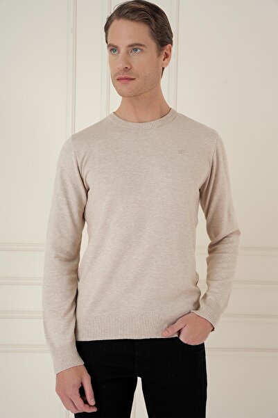 Efor Men's Slim Fit Ribbed Beige Wool Crew Neck Knitwear Sweater Tr 875