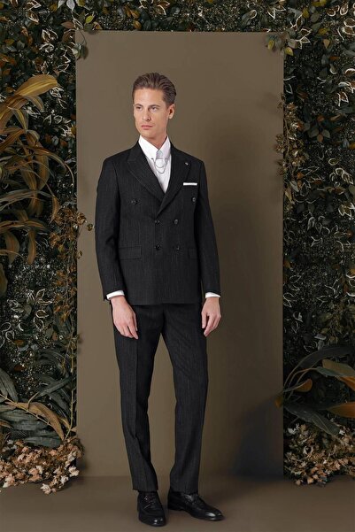 Efor Slim Fit Çift Yırtmaç Çizgili Siyah Kruvaze Takım Elbise TK 884