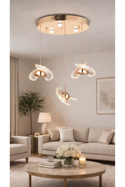 burenze Modern Luxury Exclusive Crystal Üçlü Led Avize Gold Sarı Ledli Avize