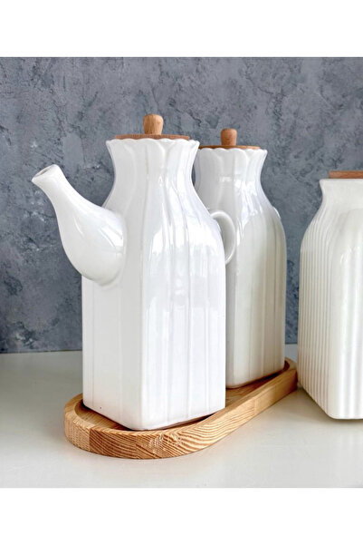 Pembelia Life 6 Parça Standlı Kare Porselen 1000ml Yağdanlık Ve 3'lu Çay Şeker Tuz Kavanoz Saklama Seti Çeyizlik
