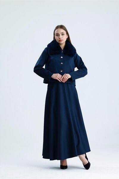 Molly Nelly Γυναικείο Σετ με Γούνινο Γιακά και Λεπτομερή Φούστα Σκούμπα