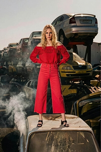 Bluewhite Жіночі штани-кюлоти з бахромою, червоні