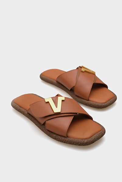 Capone Outfitters Kata Hakiki Deri Çapraz Bantlı V Tokalı Düz Topuklu Konfor ...