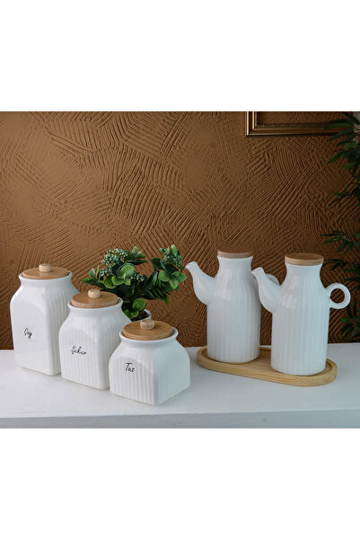 Kitchen Pembelia 2’li 6 Parça Bambu Standlı Çizgili Porselen Yağdanlık Ve 3'l...