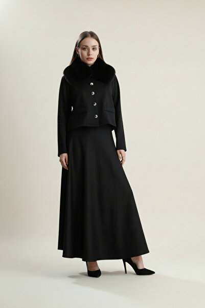 Molly Nelly Γυναικείο Σετ με Γούνινο Γιακά και Λεπτομερή Φούστα Σκούμπα