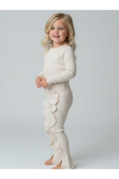Zekids Pantaloni din bumbac pentru fete, elastici cu talie înaltă, cu fante cu volane