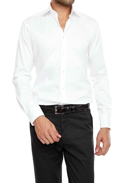 Efor Men's Slim Fit Classic Collar Cotton Satin Long Sleeve White Shirt Gk 214