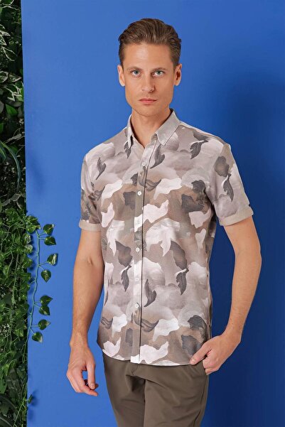 Efor Slim Fit Düğmeli Yaka Kamuflaj Desenli Kısa Kol Pamuk Bej Gömlek G 1500