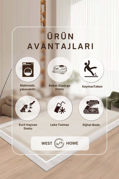 West Home Makinede Yıkanabilir Kaymaz Taban Leke Tutmaz Bej Çizgili Salon Halısı Mutfak Halısı ve Yolluk