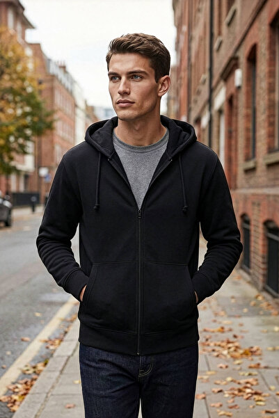 MARKAPIA Ανδρικό φούτερ με φερμουάρ με κουκούλα με φλις εσωτερικά μαύρο φούτερ